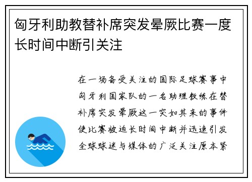 匈牙利助教替补席突发晕厥比赛一度长时间中断引关注 匈牙利助教替补席突发晕厥比赛一度长时间中断引关注